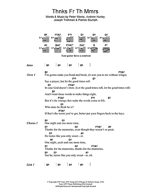Learn to play Fall Out Boy Thnks Fr Th Mmrs sheet music for Guitar Chords/Lyrics in minutes. Fall Out Boy Thnks Fr Th Mmrs sheet music notes and chords. Download Printable PDF.