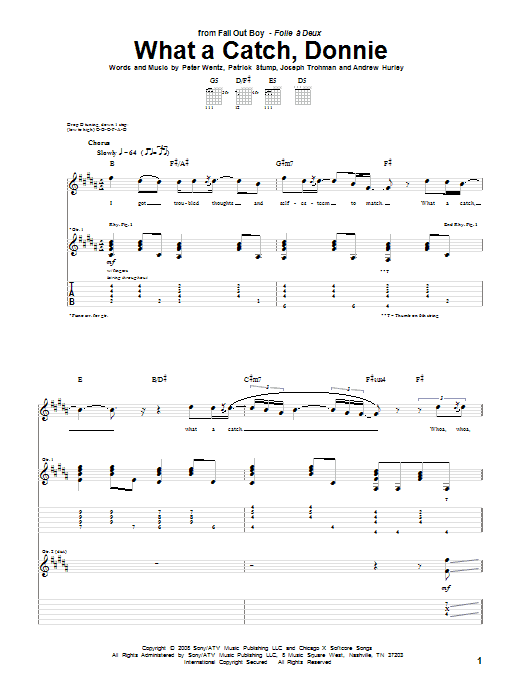 Learn to play Fall Out Boy What A Catch, Donnie sheet music for Guitar Tab in minutes. Price: 7.8900$ Fall Out Boy What A Catch, Donnie sheet music notes and chords arranged for Guitar Tab