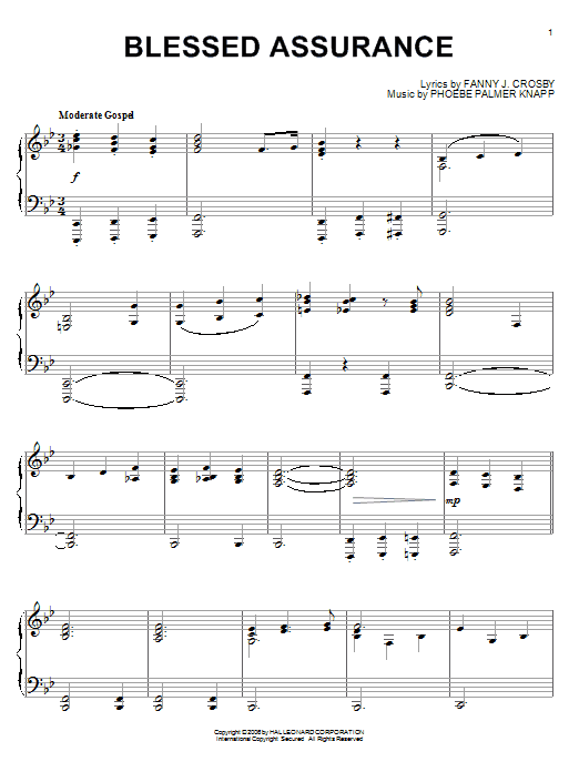 Preview Fanny J. Crosby Blessed Assurance Gospel sheet music, notes and chords for Easy Piano, SKU: 381332 sheet music, piano notes, chords, guitar tabs, score, transpose, transcribe, how to play, guide, download, learn, tutorial, progression, song, artist, awards, billboard, mtv, vh1, tour, single, album, release