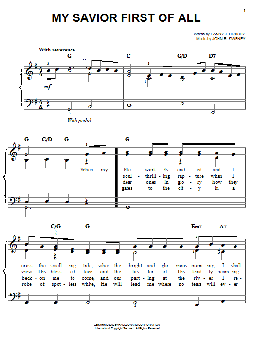 Fanny J. Crosby My Savior First Of All sheet music notes and chords. Download Printable PDF.
