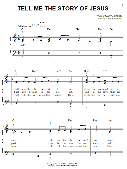 Learn to play Fanny J. Crosby Tell Me The Story Of Jesus sheet music for Easy Piano in minutes. Fanny J. Crosby Tell Me The Story Of Jesus sheet music notes and chords
