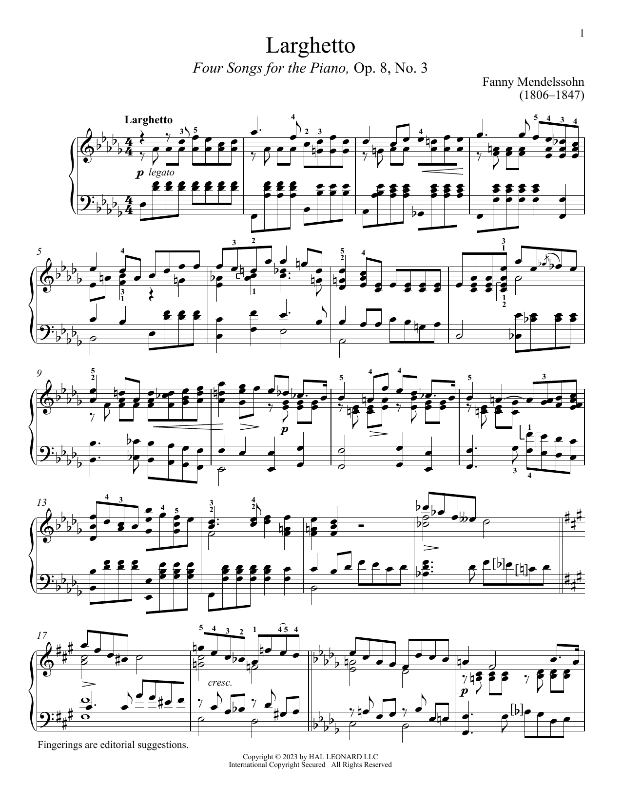 Learn to play Fanny Mendelssohn Larghetto sheet music for Piano Solo in minutes. Price: 6.9900$ Fanny Mendelssohn Larghetto sheet music notes and chords arranged for Piano Solo
