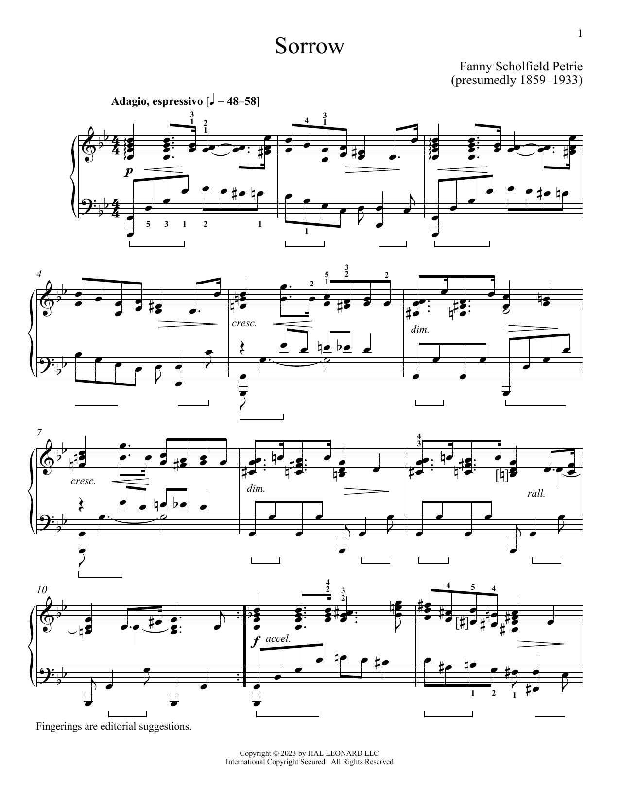 Fanny Schofield Petrie Sorrow sheet music notes and chords. Download Printable PDF.