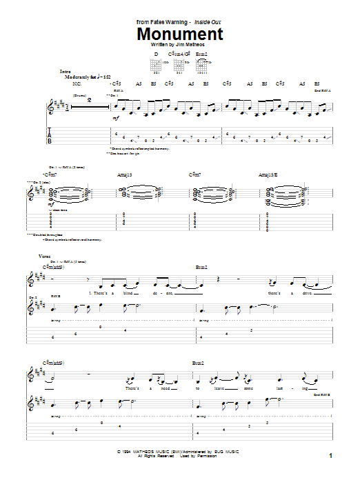 Fates Warning Monument sheet music notes and chords. Download Printable PDF.