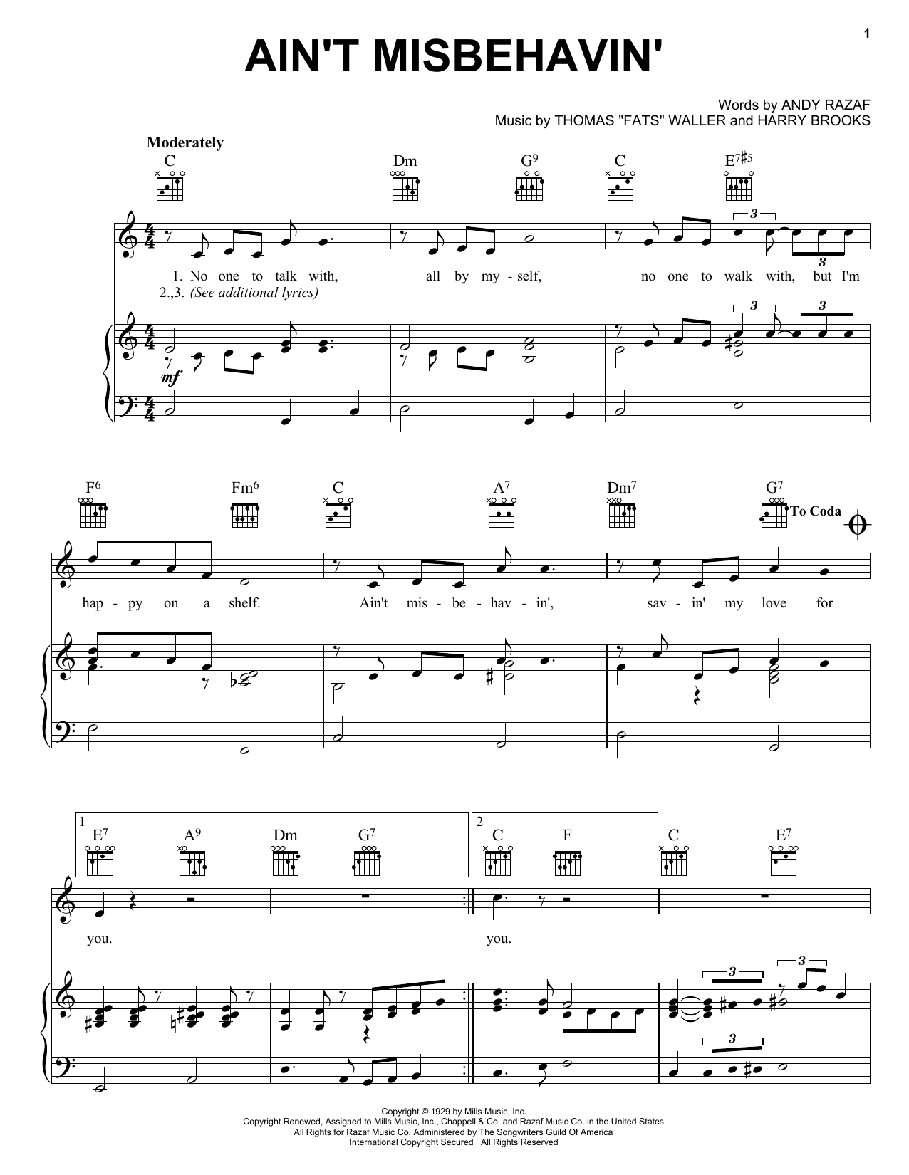 Fats Waller Ain't Misbehavin' sheet music notes and chords. Download Printable PDF.