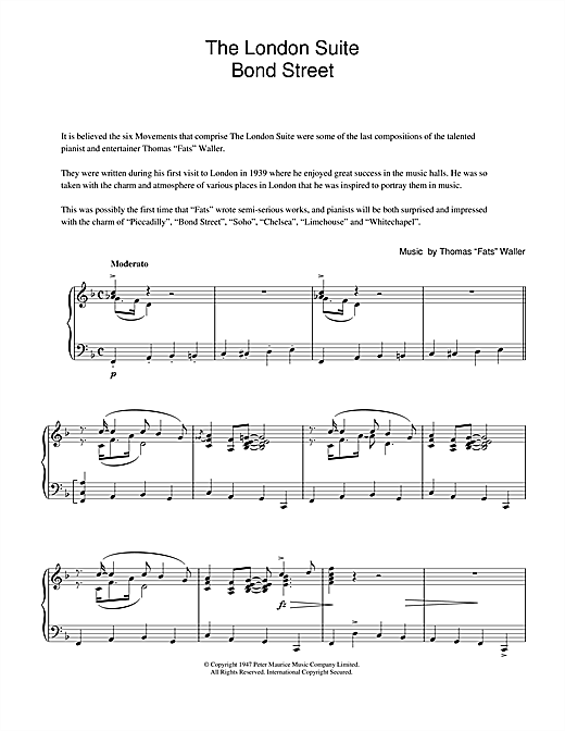 Fats Waller Bond Street (from The London Suite) sheet music notes and chords. Download Printable PDF.