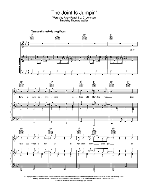 Learn to play Fats Waller The Joint Is Jumpin' sheet music for Piano Chords/Lyrics in minutes. Price: 3.9900$ Fats Waller The Joint Is Jumpin' sheet music notes and chords arranged for Piano Chords/Lyrics