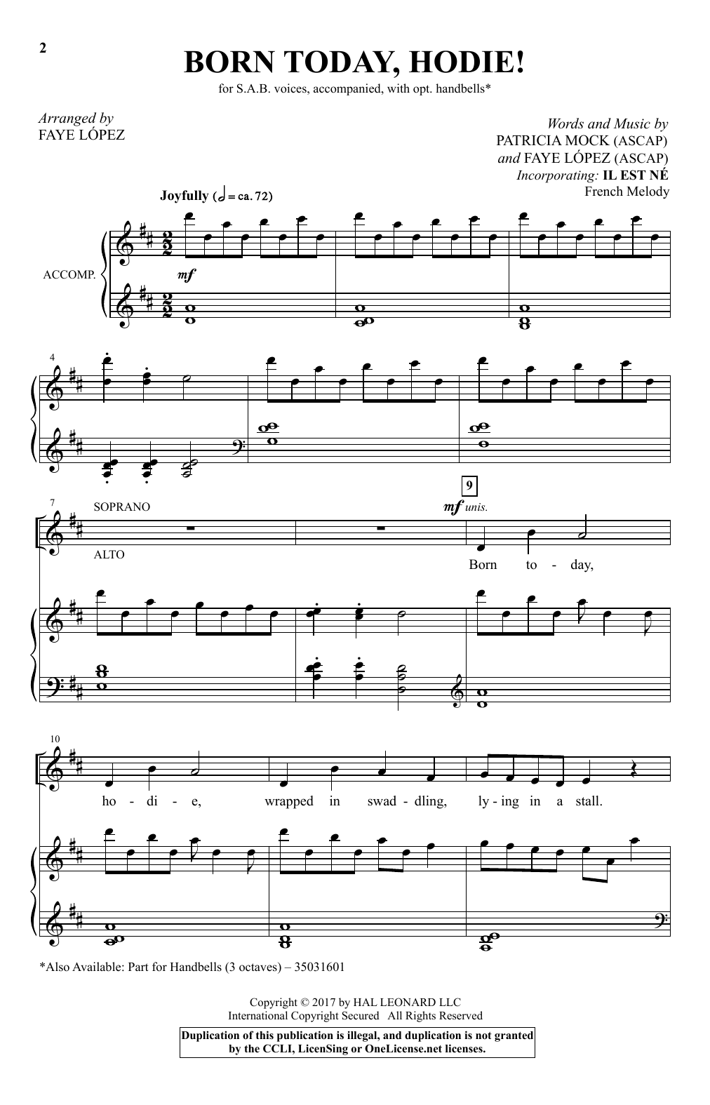 Learn to play Patricia Mock Born Today, Hodie! (arr. Faye Lopez) sheet music for SAB Choir in minutes. Price: 3.9900$ Patricia Mock Born Today, Hodie! (arr. Faye Lopez) sheet music notes and chords arranged for SAB Choir