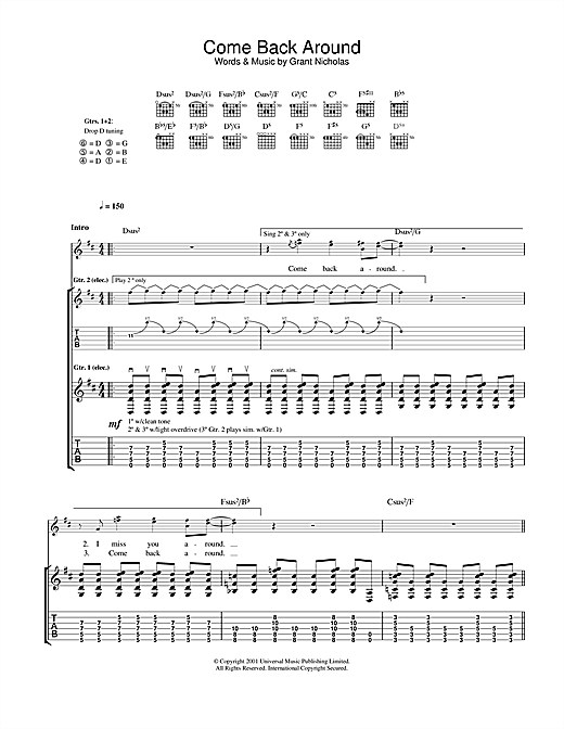 Feeder Come Back Around sheet music notes and chords. Download Printable PDF.