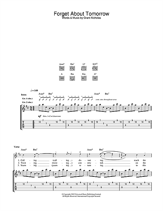 Feeder Forget About Tomorrow sheet music notes and chords arranged for Lead Sheet / Fake Book