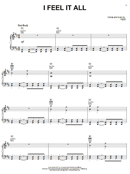 Feist I Feel It All sheet music notes and chords. Download Printable PDF.