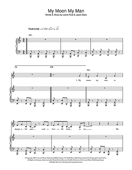 Feist My Moon My Man Sheet Music Pdf Notes Chords Pop Score Piano Vocal Guitar Download Printable Sku 42175