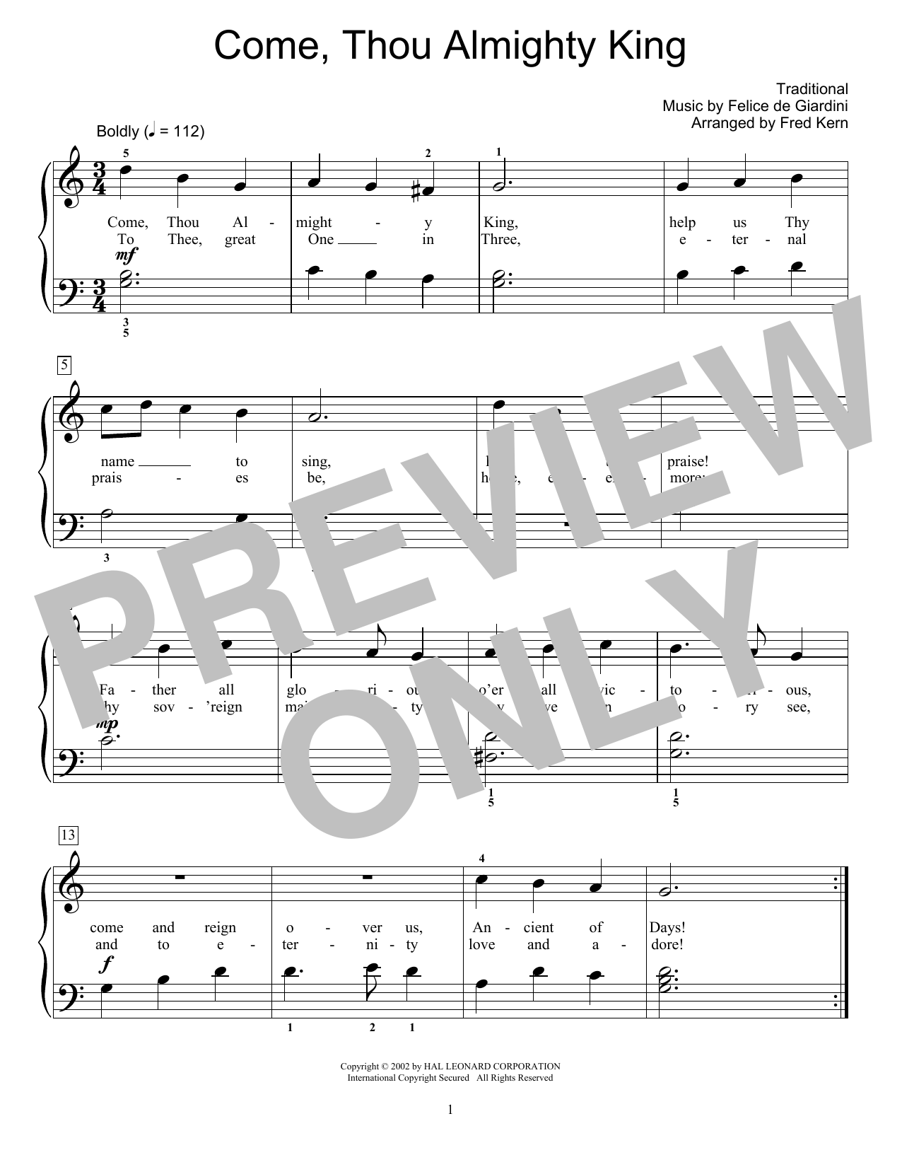 Learn to play Fred Kern Come, Thou Almighty King sheet music for Educational Piano in minutes. Price: 6.9900$ Fred Kern Come, Thou Almighty King sheet music notes and chords arranged for Educational Piano