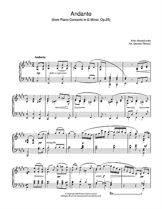 Learn to play Felix Mendelssohn Andante From Piano Concerto In G Minor, Op. 25 sheet music for Piano Solo in minutes. Felix Mendelssohn Andante From Piano Concerto In G Minor, Op. 25 sheet music notes and chords. Download Printable PDF.