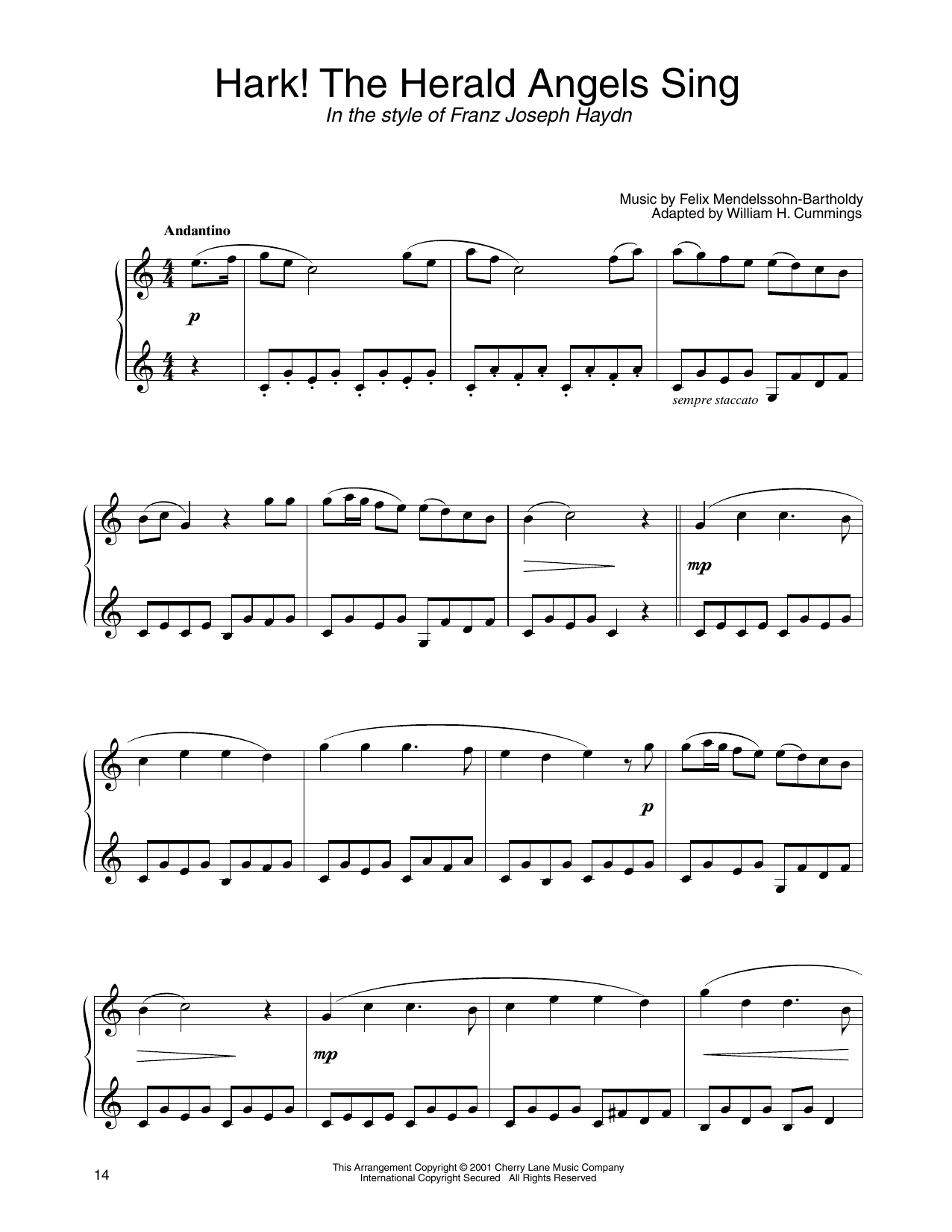 Learn to play Felix Mendelssohn-Bartholdy Hark! The Herald Angels Sing (in the style of Haydn) (arr. Carol Klose) sheet music for Piano Solo in minutes. Price: 7.8900$ Felix Mendelssohn-Bartholdy Hark! The Herald Angels Sing (in the style of Haydn) (arr. Carol Klose) sheet music notes and chords arranged for Piano Solo