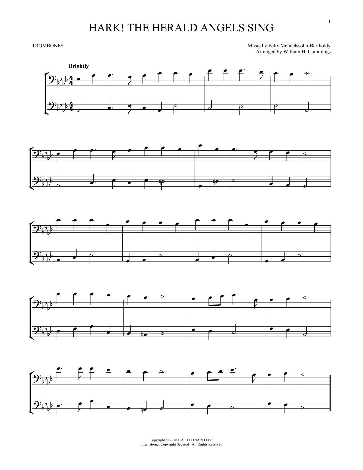 Felix Mendelssohn Hark The Herald Angels Sing Sheet Music Pdf Notes Chords Christmas Score Trombone Transcription Download Printable Sku