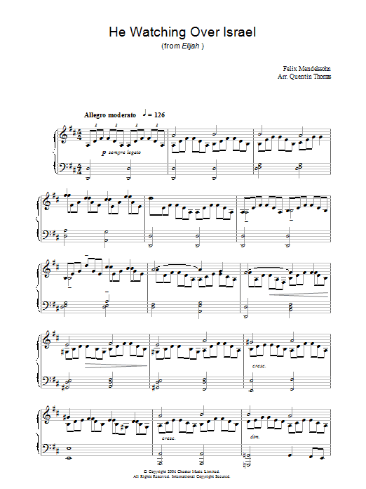 Learn to play Felix Mendelssohn He Watching Over Israel (from Elijah) sheet music for Piano Solo in minutes. Price: 7.8900$ Felix Mendelssohn He Watching Over Israel (from Elijah) sheet music notes and chords. Download Printable PDF.