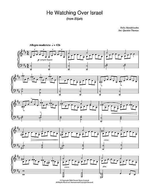 Learn to play Felix Mendelssohn He Watching Over Israel (from Elijah) sheet music for Piano Solo in minutes. Felix Mendelssohn He Watching Over Israel (from Elijah) sheet music notes and chords. Download Printable PDF.