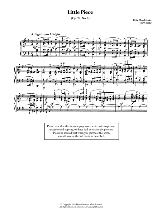 Learn to play Felix Mendelssohn Little Piece, Op.72 No.1 sheet music for Piano Solo in minutes. Felix Mendelssohn Little Piece, Op.72 No.1 sheet music notes and chords. Download Printable PDF.