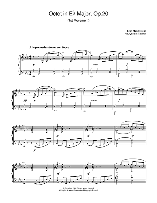 Learn to play Felix Mendelssohn Octet in E Flat Major, Op.20 sheet music for Piano Solo in minutes. Felix Mendelssohn Octet in E Flat Major, Op.20 sheet music notes and chords. Download Printable PDF.