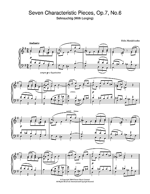 Learn to play Felix Mendelssohn Seven Characteristic Pieces, Op.7, No.6 sheet music for Piano Solo in minutes. Felix Mendelssohn Seven Characteristic Pieces, Op.7, No.6 sheet music notes and chords. Download Printable PDF.