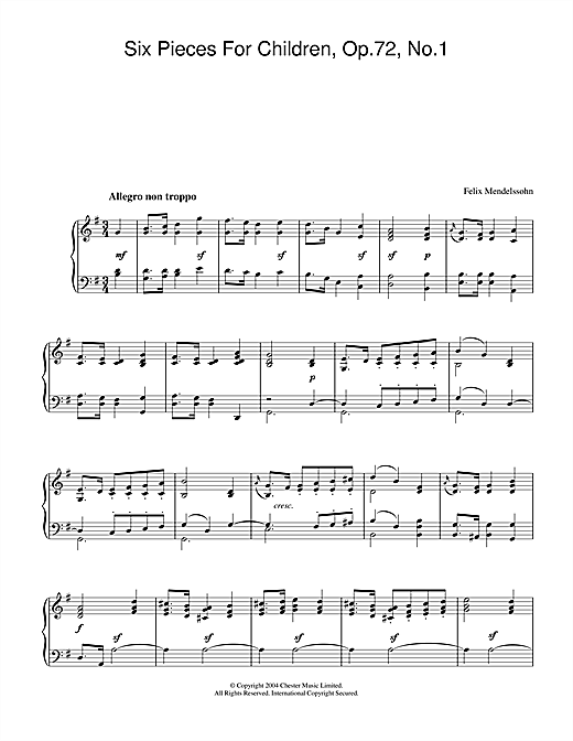 Felix Mendelssohn Six Pieces For Children, Op.72, No.1 sheet music notes and chords. Download Printable PDF.