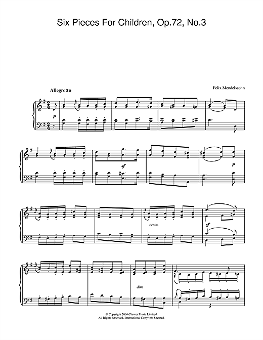 Learn to play Felix Mendelssohn Six Pieces For Children, Op.72, No.3 sheet music for Piano Solo in minutes. Felix Mendelssohn Six Pieces For Children, Op.72, No.3 sheet music notes and chords. Download Printable PDF.