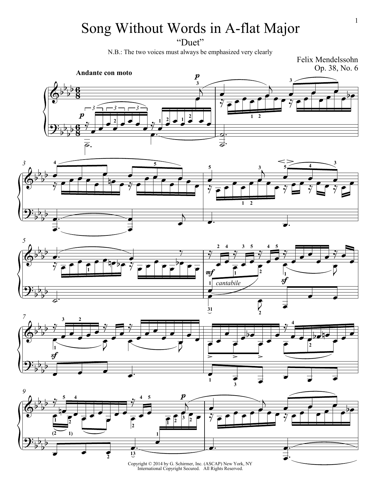 Immanuela Gruenberg Song Without Words In A Flat Major Duet Op 38 No 6 Sheet Music Pdf Notes Chords Classical Score Piano Solo Download Printable Sku