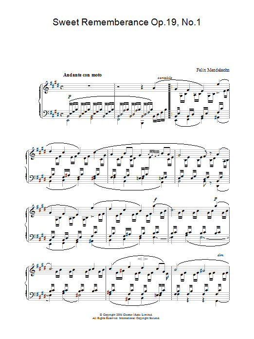 Felix Mendelssohn Sweet Rememberance Op.19, No.1 sheet music notes and chords. Download Printable PDF.