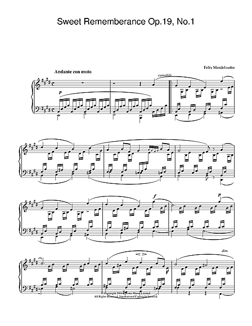 Learn to play Felix Mendelssohn Sweet Rememberance Op.19, No.1 sheet music for Piano Solo in minutes. Price: 7.8900$ Felix Mendelssohn Sweet Rememberance Op.19, No.1 sheet music notes and chords. Download Printable PDF.