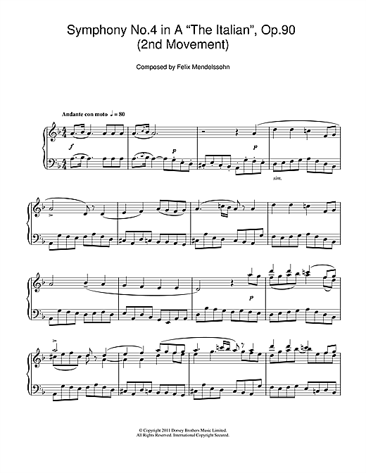 Learn to play Felix Mendelssohn Symphony No.4 ‘The Italian' (2nd Movement: Andante Con Moto) sheet music for Piano Solo in minutes. Felix Mendelssohn Symphony No.4 ‘The Italian' (2nd Movement: Andante Con Moto) sheet music notes and chords. Download Printable PDF.