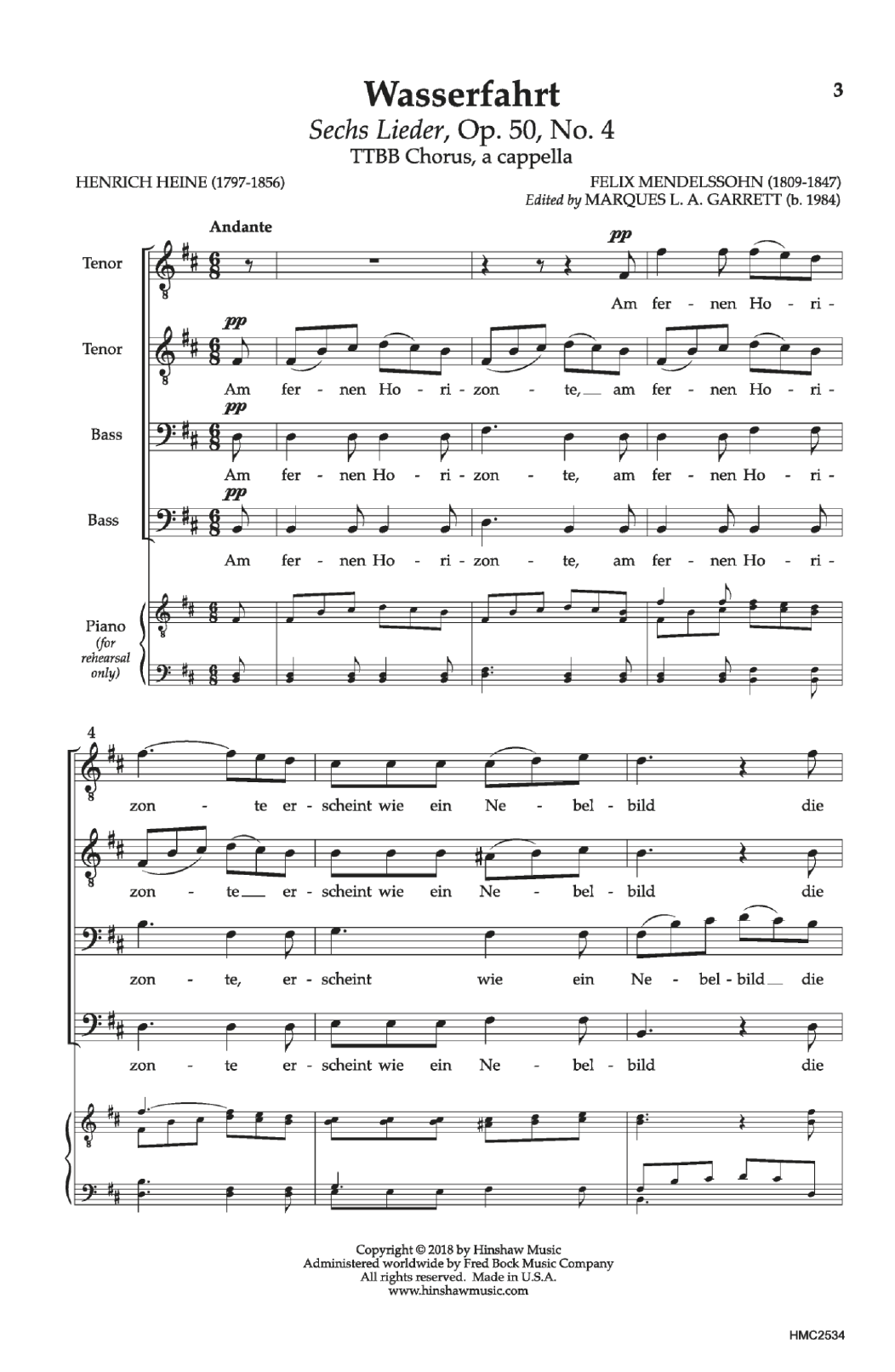 Felix Mendelssohn Wasserfahrt sheet music notes and chords. Download Printable PDF.