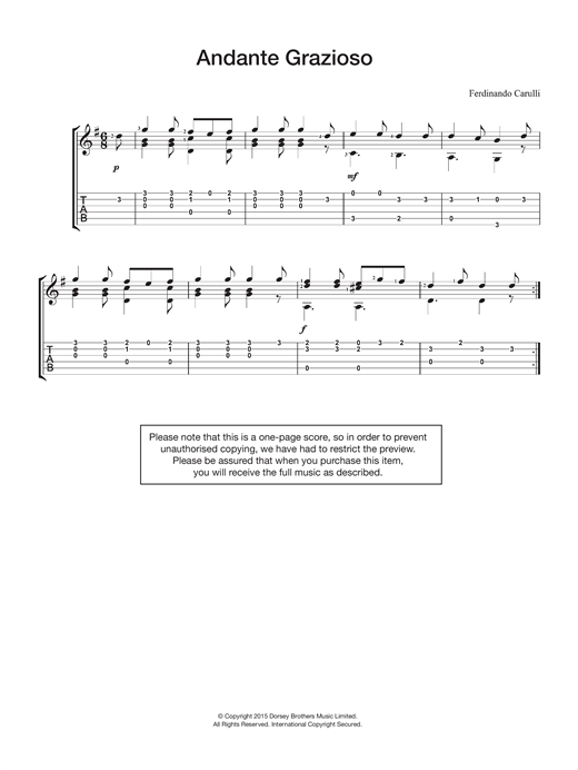 Learn to play Ferdinando Carulli Andante Grazioso sheet music for Solo Guitar in minutes. Price: 5.9900$ Ferdinando Carulli Andante Grazioso sheet music notes and chords. Download Printable PDF.