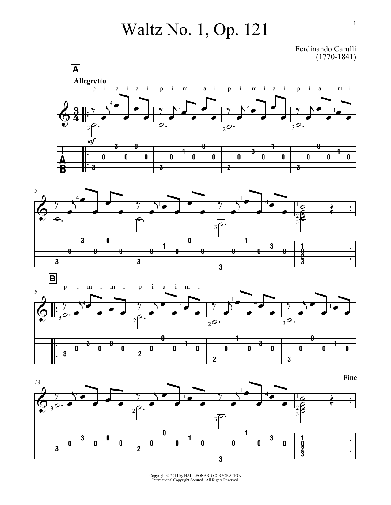 Ferdinando Carulli Waltz No. 1 sheet music notes and chords. Download Printable PDF.