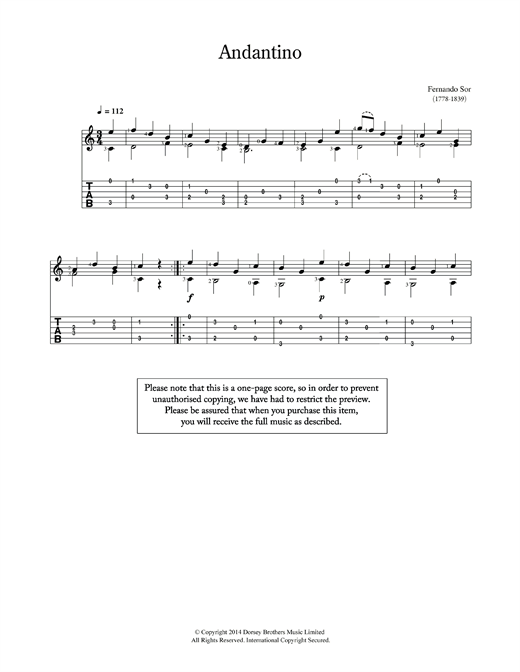 Fernando Sor Andantino sheet music notes and chords arranged for Solo Guitar