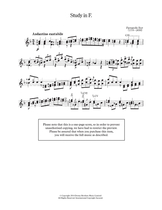 Learn to play Fernando Sor Study In F sheet music for Solo Guitar in minutes. Fernando Sor Study In F sheet music notes and chords