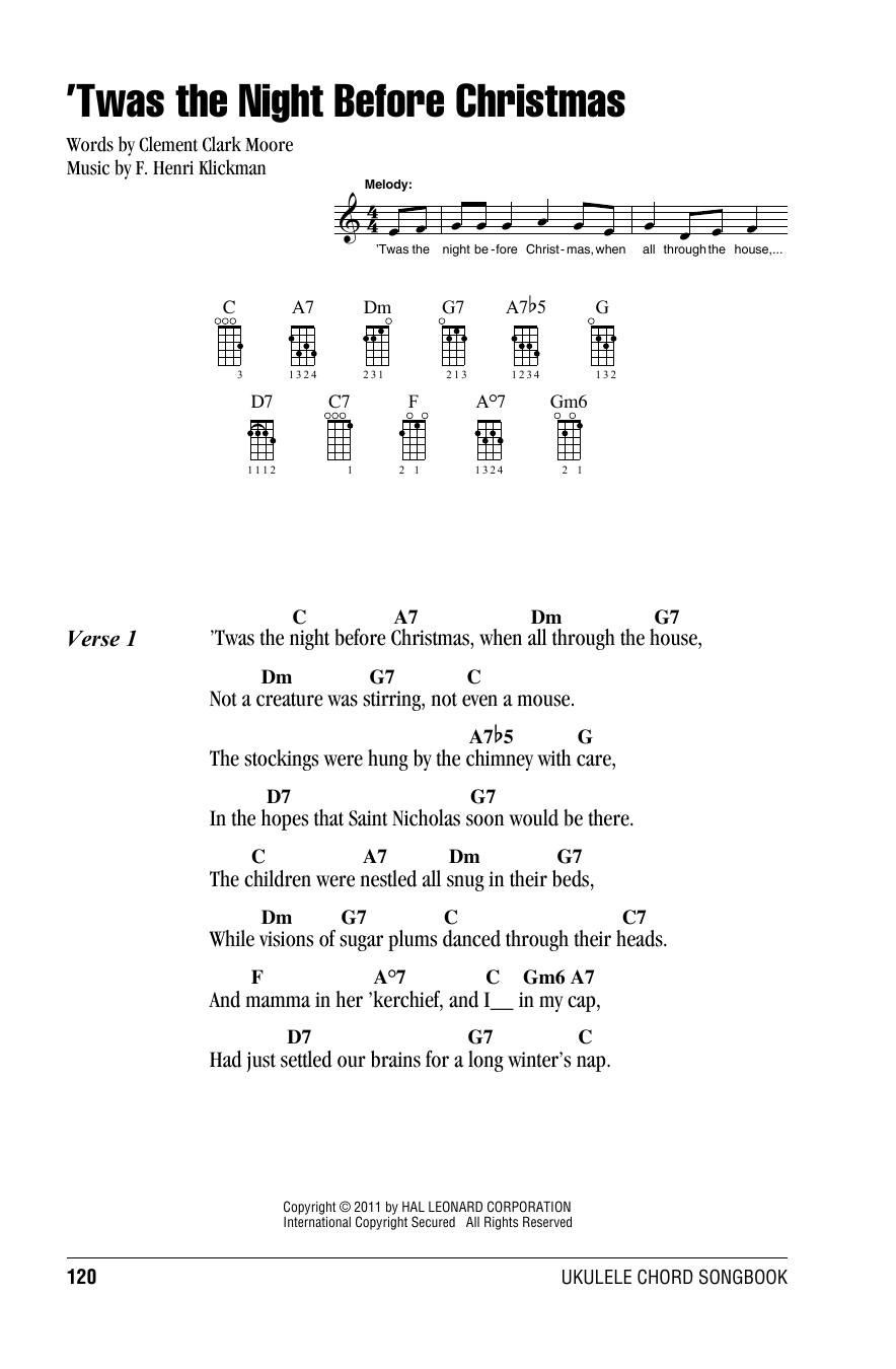 F Henri Klickman Twas The Night Before Christmas Sheet Music Pdf Notes Chords Christmas Score Ukulele With Strumming Patterns Download Printable Sku 176606