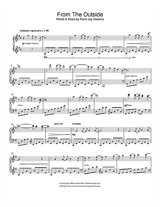 Learn to play Fiona Joy From The Outside sheet music for Piano Solo in minutes. Fiona Joy From The Outside sheet music notes and chords. Download Printable PDF.