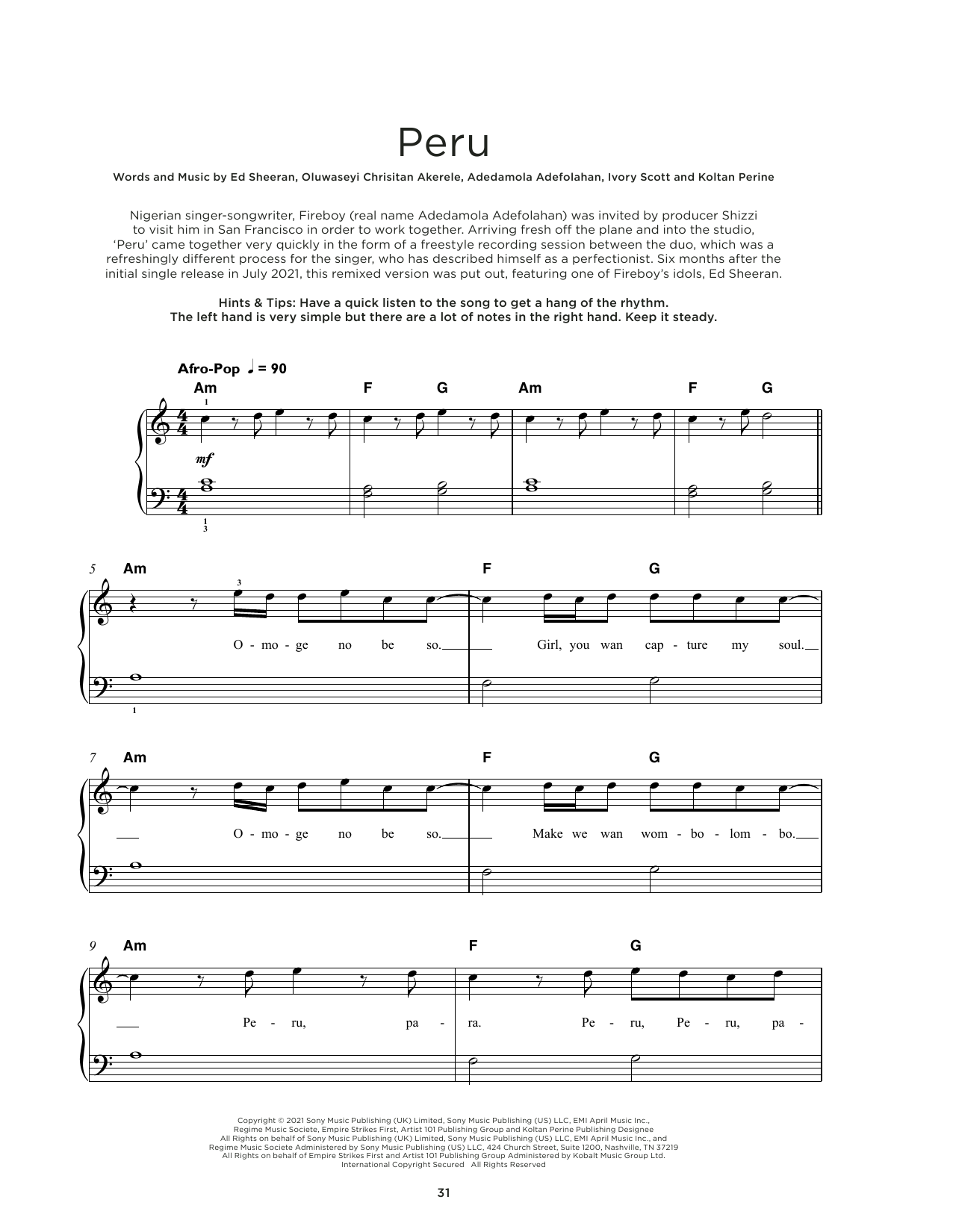 Fireboy DML & Ed Sheeran Peru sheet music notes and chords. Download Printable PDF.