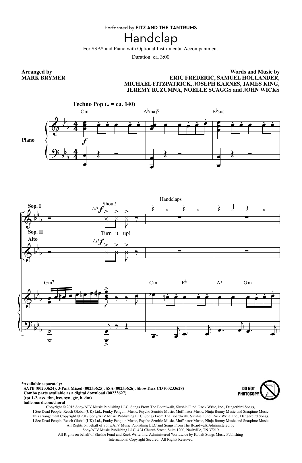 Learn to play Mark Brymer HandClap sheet music for SSA Choir in minutes. Price: 3.9900$ Mark Brymer HandClap sheet music notes and chords arranged for SSA Choir
