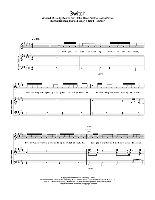 Five Switch sheet music notes and chords. Download Printable PDF.