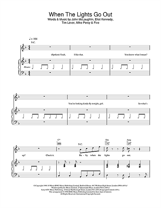 Five When The Lights Go Out sheet music notes and chords. Download Printable PDF.