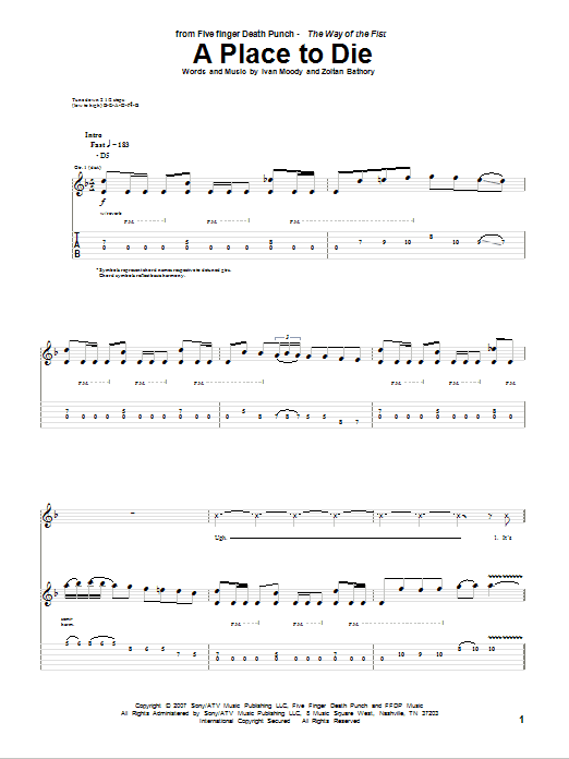 Learn to play Five Finger Death Punch A Place To Die sheet music for Guitar Tab in minutes. Price: 7.8900$ Five Finger Death Punch A Place To Die sheet music notes and chords arranged for Guitar Tab