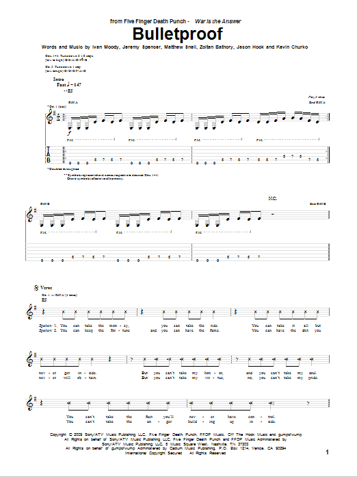 Five Finger Death Punch Bulletproof sheet music notes and chords. Download Printable PDF.