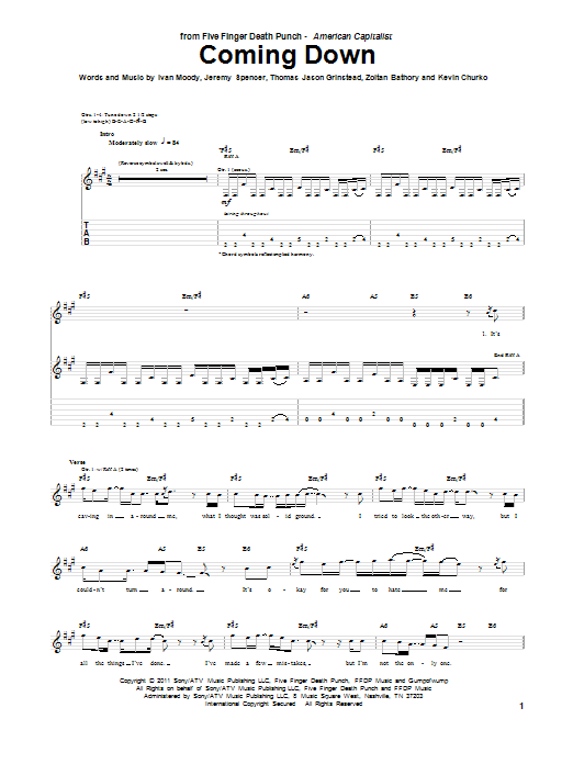 Learn to play Five Finger Death Punch Coming Down sheet music for Guitar Tab in minutes. Price: 7.8900$ Five Finger Death Punch Coming Down sheet music notes and chords arranged for Guitar Tab