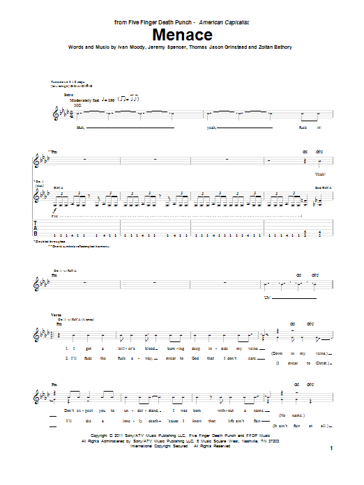 Five Finger Death Punch Menace sheet music notes and chords. Download Printable PDF.