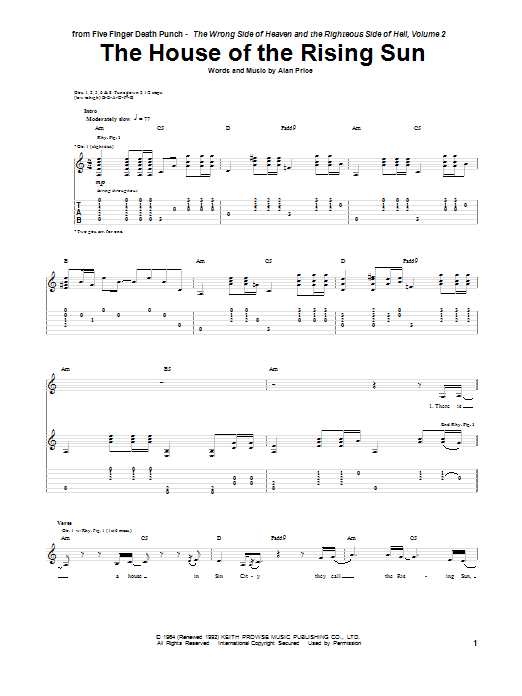 Five Finger Death Punch The House Of The Rising Sun Sheet Music Pdf Notes Chords Folk Score Guitar Tab Download Printable Sku 154922