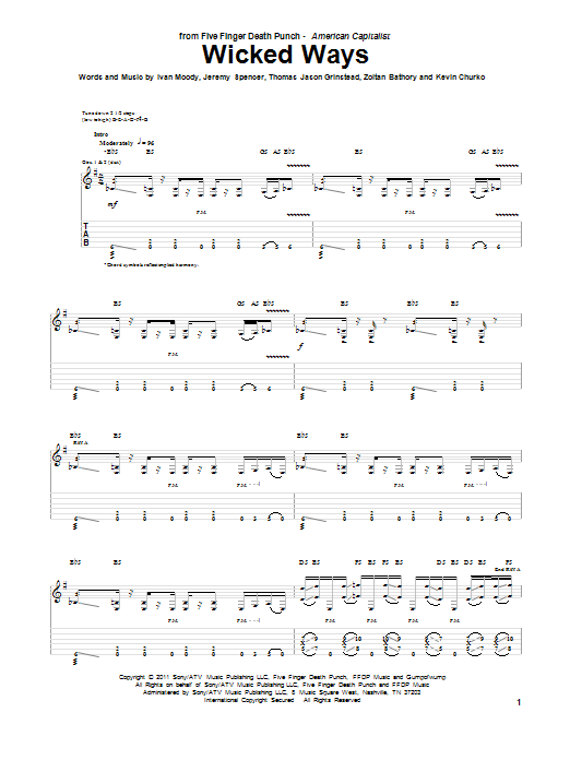 Learn to play Five Finger Death Punch Wicked Ways sheet music for Guitar Tab in minutes. Price: 7.8900$ Five Finger Death Punch Wicked Ways sheet music notes and chords arranged for Guitar Tab