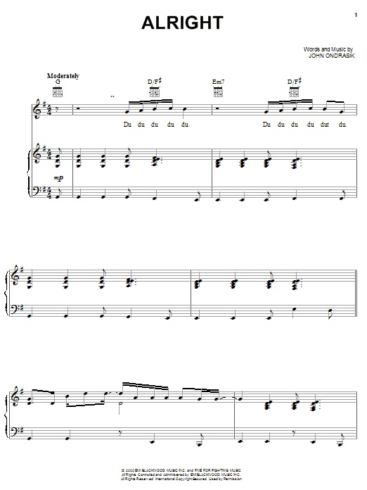 Five For Fighting Alright sheet music notes and chords. Download Printable PDF.