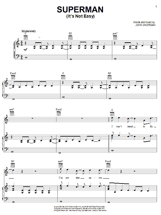 Five For Fighting Superman (It's Not Easy) sheet music notes and chords. Download Printable PDF.